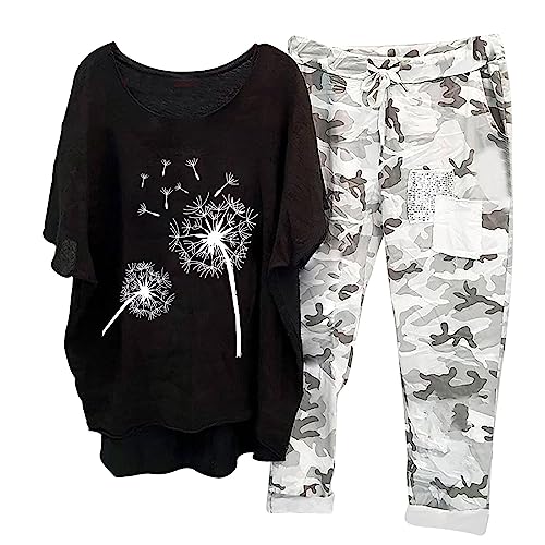 EMATOP Damen Sommer Freizeitanzug Leinen Zweiteiler Kurzarm Shirt und Hose Hausanzug Casual Baumwolle Trainingsanzug Elegant Vintage Tracksuit 2 Teiler Sportanzüge angebot des tages heute von EMATOP