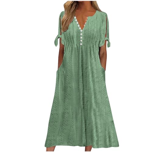 EMATOP Damen Sommer Langes Strandkleid Elegant A Linie Kleid Hohe Taille Midikleider Knielang Boho Kleider Casual Kurzarm Sommerkleid Einfarbig Baumwolle Blusenkleid mit Taschen Freizeitkleid von EMATOP