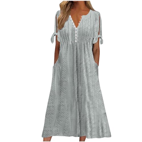 EMATOP Damen Sommer Langes Strandkleid Elegant A Linie Kleid Hohe Taille Midikleider Knielang Boho Kleider Casual Kurzarm Sommerkleid Einfarbig Baumwolle Blusenkleid mit Taschen Freizeitkleid von EMATOP
