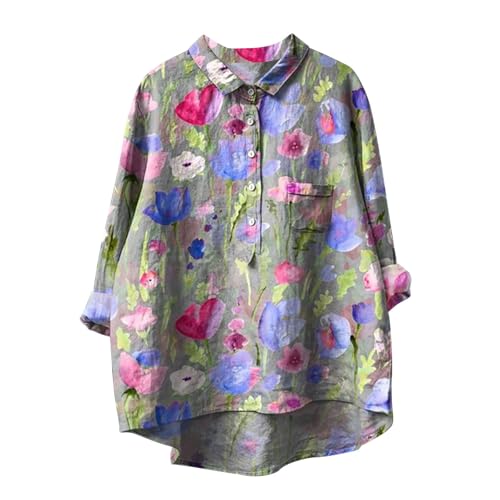 EMATOP Damen Sommer Leinen Langarmshirt Oversize Baumwolle Tshirt Lässige Leicht Oberteile Bunte Blumen Leinenbluse Revers Knopfleiste Bluse Tops Weich Bequem Tunika Blusenshirt Longshirt von EMATOP