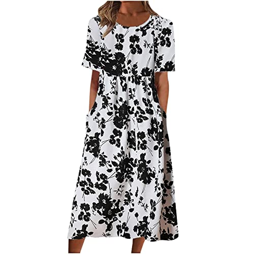 EMATOP Damen Sommer Midikleid Lässig Kurzarm Strandkleid Lang Elegant Sommerkleid Knielang Tunika Kleider Luftig Leicht Shirtkleid mit Taschen Freizeitkleid Hohe Taille A Linie Kleid für Frauen von EMATOP