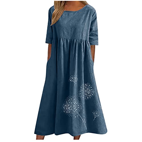 EMATOP Damen Sommer Midikleid Kurzarm Lässig Strandkleid Lang Elegant Sommerkleid Knielang Tunika Kleider Luftig Leicht Shirtkleid mit Taschen Freizeitkleid Hohe Taille A Linie Kleid für Frauen von EMATOP