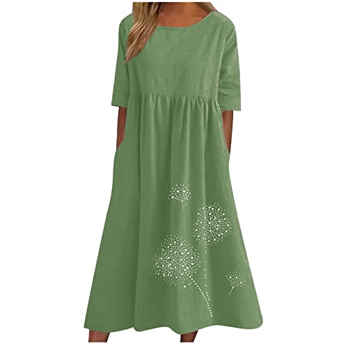 EMATOP Damen Sommer Midikleid Kurzarm Lässig Strandkleid Lang Elegant Sommerkleid Knielang Tunika Kleider Luftig Leicht Shirtkleid mit Taschen Freizeitkleid Hohe Taille A Linie Kleid für Frauen von EMATOP
