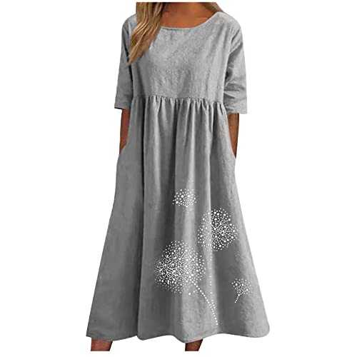 EMATOP Damen Sommer Midikleid Kurzarm Lässig Strandkleid Lang Elegant Sommerkleid Knielang Tunika Kleider Luftig Leicht Shirtkleid mit Taschen Freizeitkleid Hohe Taille A Linie Kleid für Frauen von EMATOP