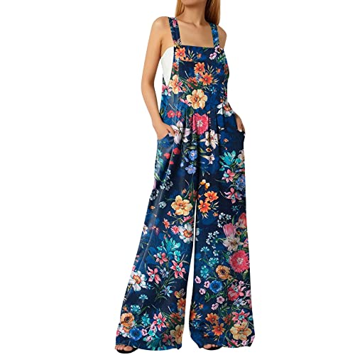 EMATOP Damen Sommer Overall Ärmellos Elegant Jumpsuit Lang Casual Hosenanzug Lose Rückenfrei Playsuit Oversize Hose Bunte Blumen Druck Latzhose mit Taschen Trägerhose Weich Bequem Sommerhose von EMATOP