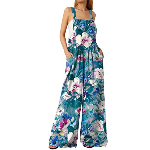 EMATOP Damen Sommer Overall Ärmellos Elegant Jumpsuit Lang Casual Hosenanzug Lose Rückenfrei Playsuit Oversize Hose Bunte Blumen Druck Latzhose mit Taschen Trägerhose Weich Bequem Sommerhose von EMATOP