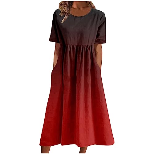 Damen Sommer Rundhals Kleider Elegant Boho Strandkleid Casual Kurzarm Sommerkleid Hohe Taille A Linie Midikleider Knielang Shirtkleider mit Taschen Blusenkleid Farbverlauf Freizeitkleid von EMATOP