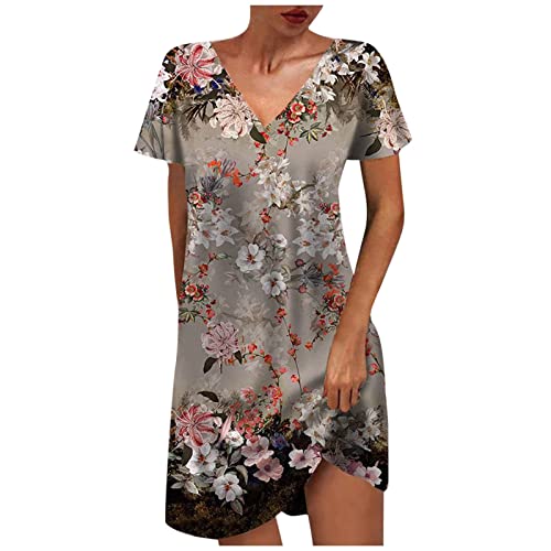 Damen Sommer Rundhals Rüschen Kurzarm Boho Lang Kleid A Linie Hohe Taille Blumen Maxikleid Gestuftes Sommerkleid Kleider Strandkleid 2023 von EMATOP