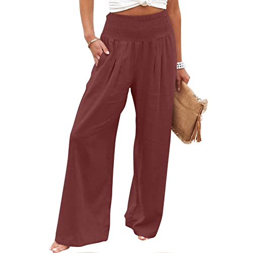 EMATOP Damen Sommerhose Weites Bein Leinenhose Leicht Haremshose Sport Stoffhose Elastische Bund Freizeithose Strandhose Lose Jogginghose Sommer Baumwolle Leinen Hosen mit Tasche von EMATOP