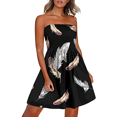 EMATOP Damen Boho Kleid Bandeau Sommerkleid Elegant Kurz Freizeitkleid Trägerlos Ärmellos Party Strandkleid Cocktailkleid Farbverlauf Blumen Druck Minikleid Stretch Hohe Taille Faltenkleid von EMATOP