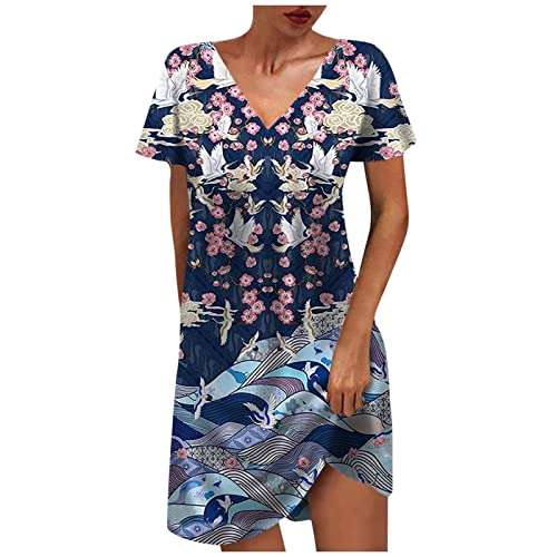 EMATOP Damen Sommerkleider Blumenmuster Kleid V-Ausschnitt Strandkleid Verstellbaren Spaghettiträger Rüschen Freizeitkleid von EMATOP