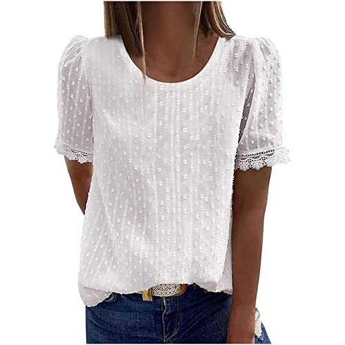 EMATOP Damen Spitze Tshirt Basic Rundhals Kurzarm Tops Schlanke Passform Oberteile Sommer Einfarbig Tunika Shirts Elegant Baumwolle Bluse Longshirt Leicht Bequemes Sommershirts für Alltag von EMATOP