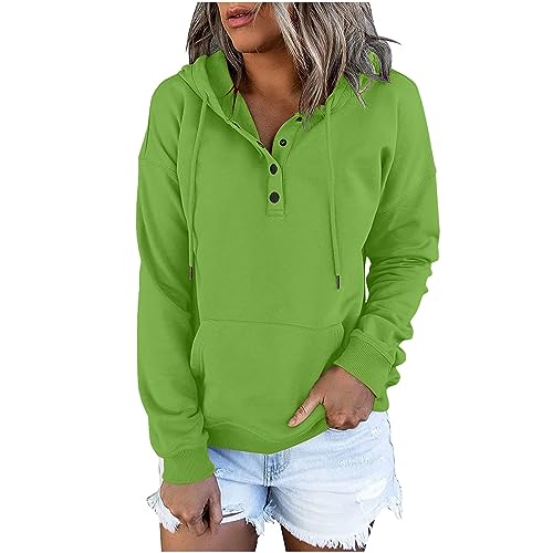 EMATOP Damen Sport Kapuzenpullover Lässiges Baggy Sweatshirt mit Kapuze Langarm Pullover Elegant Baumwolle Hoodie Herbst Winter Warm Langarmshirt V-Ausschnitt Knopfleiste Übergangsjacke von EMATOP