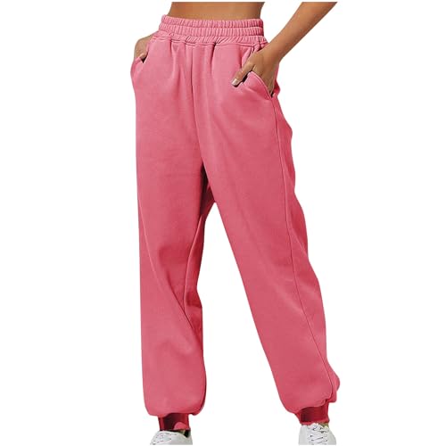 EMATOP Damen Sporthose Lang Baumwolle Jogginghose Hohe Taille Freizeithose Casual Einfarbig Sweathose mit Taschen Yogahose Elastische Taille Laufhosen Weich Bequem Sweatpants für Frauen von EMATOP