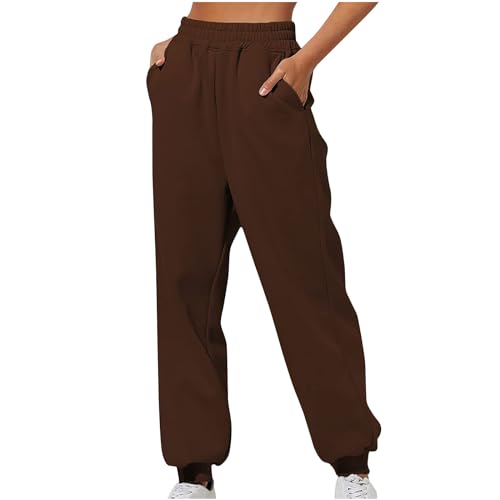 EMATOP Damen Sporthose Lang Baumwolle Jogginghose Hohe Taille Freizeithose Casual Einfarbig Sweathose mit Taschen Yogahose Elastische Taille Laufhosen Weich Bequem Sweatpants für Frauen von EMATOP