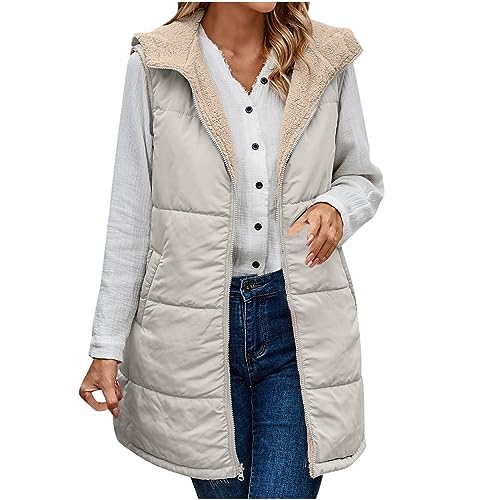 EMATOP Damen Steppweste Lang Ärmellose Weste Warmer Fleece Gefüttert Daunenweste Baumwolle Einfarbig Winterjacke mit Kapuze Taschen Jacke Herbst Winter Elegant Longweste Outdoor Daunenmantel von EMATOP