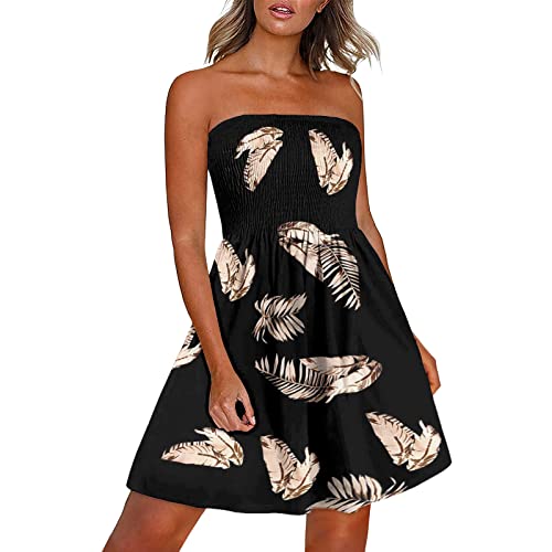 EMATOP Damen Boho Kleid Bandeau Sommerkleid Elegant Kurz Freizeitkleid Trägerlos Ärmellos Party Strandkleid Cocktailkleid Farbverlauf Blumen Druck Minikleid Stretch Hohe Taille Faltenkleid von EMATOP