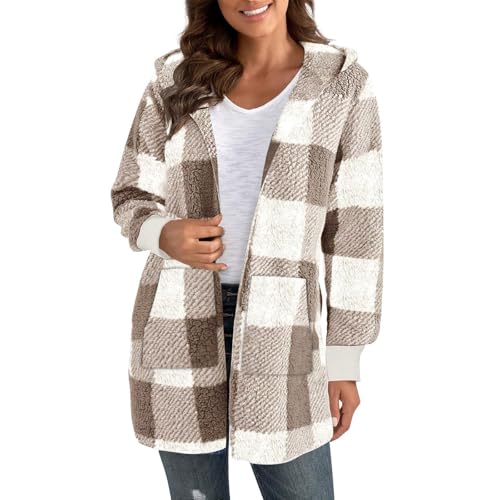 EMATOP Damen Teddy Fleece Mantel Warm Langarm Wolljacke Lässige Karierte Winterjacke mit Kapuze Fleecejacke Flauschig Lange Teddyjacke Winter Elegant Plüschjacke Weich Bequem Jacke Sweatjacke von EMATOP