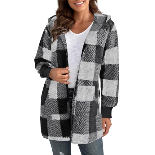 EMATOP Damen Teddy Fleece Mantel Warm Langarm Wolljacke Lässige Karierte Winterjacke mit Kapuze Fleecejacke Flauschig Lange Teddyjacke Winter Elegant Plüschjacke Weich Bequem Jacke Sweatjacke von EMATOP