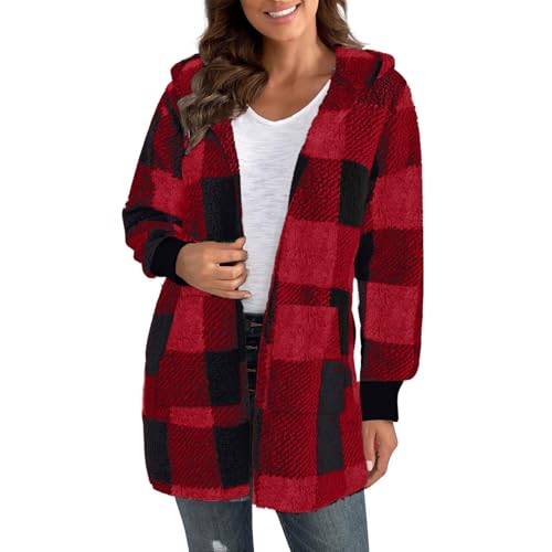 EMATOP Damen Teddy Fleece Mantel Warm Langarm Wolljacke Lässige Karierte Winterjacke mit Kapuze Fleecejacke Flauschig Lange Teddyjacke Winter Elegant Plüschjacke Weich Bequem Jacke Sweatjacke von EMATOP