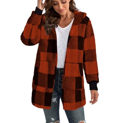 EMATOP Damen Teddy Fleece Mantel Warm Langarm Wolljacke Lässige Karierte Winterjacke mit Kapuze Fleecejacke Flauschig Lange Teddyjacke Winter Elegant Plüschjacke Weich Bequem Jacke Sweatjacke von EMATOP