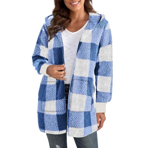 EMATOP Damen Teddy Fleece Mantel Warm Langarm Wolljacke Lässige Karierte Winterjacke mit Kapuze Fleecejacke Flauschig Lange Teddyjacke Winter Elegant Plüschjacke Weich Bequem Jacke Sweatjacke von EMATOP