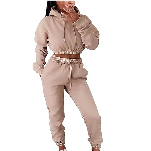 EMATOP Damen Tracksuit Kuschelig Sportanzug Zweiteiler Sport Outfit Elegant Langarm Sweatshirt und Lange Hose Jogginganzug Casual Einfarbig Hoodie Kapuzenpullover und Sweathose Freizeitanzug von EMATOP