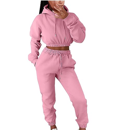 EMATOP Damen Tracksuit Kuschelig Sportanzug Zweiteiler Sport Outfit Elegant Langarm Sweatshirt und Lange Hose Jogginganzug Casual Einfarbig Hoodie Kapuzenpullover und Sweathose Freizeitanzug von EMATOP