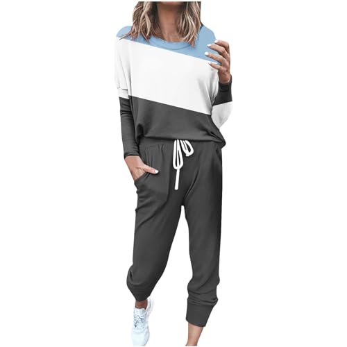 EMATOP Damen Trainingsanzug Casual Langarm Sweatshirt und Lange Hose Jogginganzug 2 Stücke Set Sportswear Baumwolle Sport Freizeitanzug Mode Farbblock Tracksuit Herbst Winter Yoga Outfit von EMATOP
