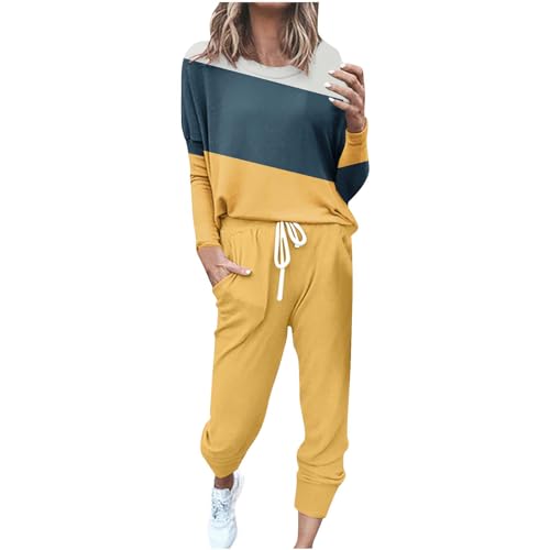 EMATOP Damen Trainingsanzug Casual Langarm Sweatshirt und Lange Hose Jogginganzug 2 Stücke Set Sportswear Baumwolle Sport Freizeitanzug Mode Farbblock Tracksuit Herbst Winter Yoga Outfit von EMATOP