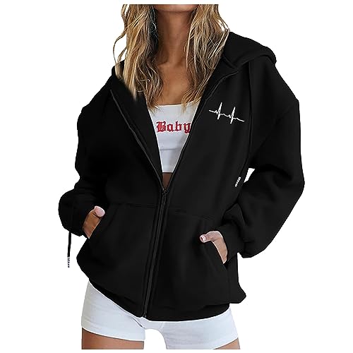 EMATOP Damen Übergangsjacke Baumwolle Sport College Jacke Casual Einfarbig Sweatjacke Langarm Lose Sweatshirt mit Kapuze Sportjacke Zipper Taschen Kapuzenjacke Herbst Winter Hoodie Outwear von EMATOP