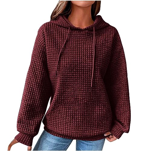 EMATOP Damen Waffel Kapuzenpullover Casual Einfarbig Pulli Langarmshirt Langarm Baumwolle Pullover Lose Elegant Sweatshirt mit Kapuze Oberteile Freizeit Sport Hoodie Teenager Mädchen Outwear von EMATOP