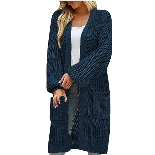 EMATOP Damen Warm Strickjacke Lang Einfarbig Strickmantel Langarm Vorne Offen Cardigan Elegant Baumwolle Übergangsjacke mit Taschen Herbstjacke Mode Gestrickt Mantel Herbst Winter Pullover von EMATOP