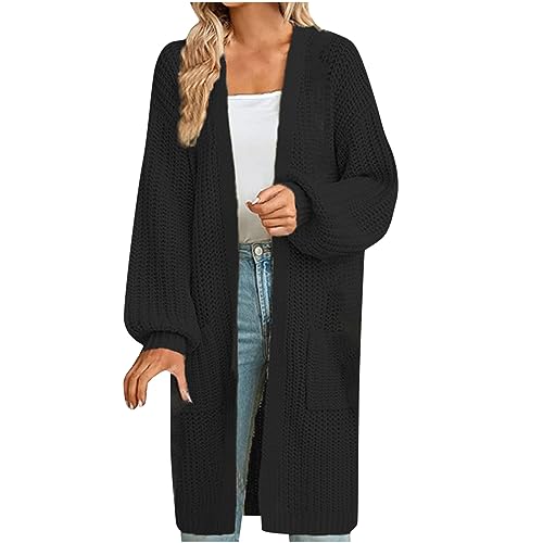 EMATOP Damen Warm Strickjacke Lang Einfarbig Strickmantel Langarm Vorne Offen Cardigan Elegant Baumwolle Übergangsjacke mit Taschen Herbstjacke Mode Gestrickt Mantel Herbst Winter Pullover von EMATOP