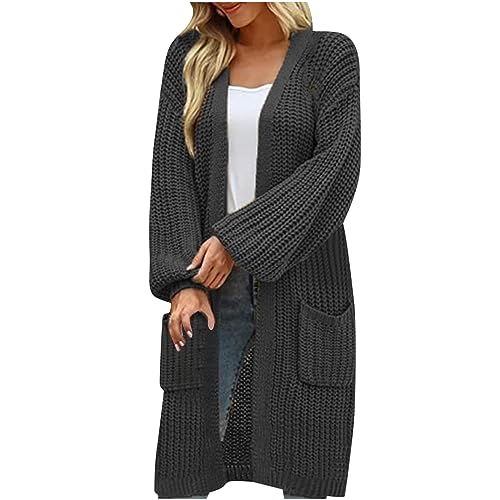 EMATOP Damen Warm Strickjacke Lang Einfarbig Strickmantel Langarm Vorne Offen Cardigan Elegant Baumwolle Übergangsjacke mit Taschen Herbstjacke Mode Gestrickt Mantel Herbst Winter Pullover von EMATOP