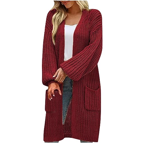 EMATOP Damen Warm Strickjacke Lang Einfarbig Strickmantel Langarm Vorne Offen Cardigan Elegant Baumwolle Übergangsjacke mit Taschen Herbstjacke Mode Gestrickt Mantel Herbst Winter Pullover von EMATOP