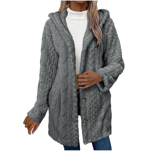 EMATOP Damen Warm Strickjacke Lange Elegant Hoodie Jacke Teddy-Fleece Plüschjacke Lässiges Einfarbig Fleecejacke mit Kapuze Flauschjacke Leichte Bequemes Wintermantel Outdoor Teddyjacke von EMATOP