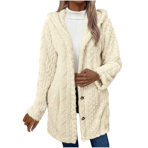 EMATOP Damen Warm Strickjacke Lange Elegant Hoodie Jacke Teddy-Fleece Plüschjacke Lässiges Einfarbig Fleecejacke mit Kapuze Flauschjacke Leichte Bequemes Wintermantel Outdoor Teddyjacke von EMATOP