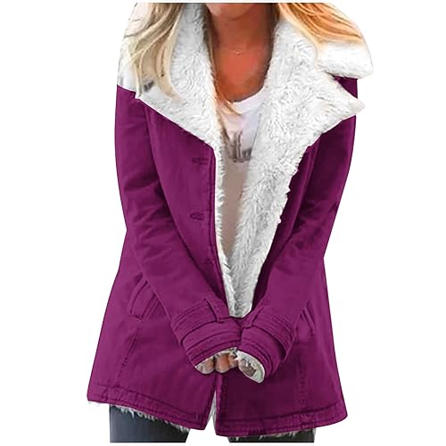 EMATOP Damen Winter Jacke Warm Gefüttert Fleecejacke Lang Fleece Mantel Casual Einfarbig Winterjacke Mode Revers Plüschjacke Flauschig Wintermantel Baumwolle Elegant Softshelljacke Outdoorjacke von EMATOP