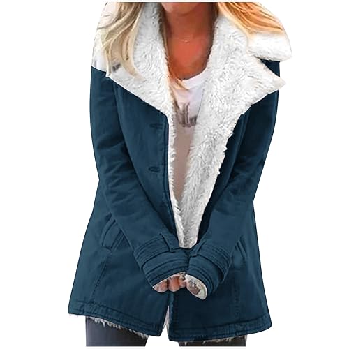 EMATOP Damen Winter Jacke Warm Gefüttert Fleecejacke Lang Fleece Mantel Casual Einfarbig Winterjacke Mode Revers Plüschjacke Flauschig Wintermantel Baumwolle Elegant Softshelljacke Outdoorjacke von EMATOP