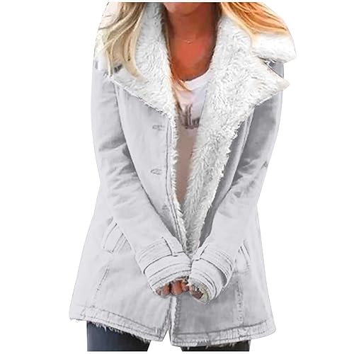 EMATOP Damen Winter Jacke Warm Gefüttert Fleecejacke Lang Fleece Mantel Casual Einfarbig Winterjacke Mode Revers Plüschjacke Flauschig Wintermantel Baumwolle Elegant Softshelljacke Outdoorjacke von EMATOP