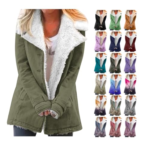 EMATOP Damen Winter Jacke Warm Gefüttert Fleecejacke Lang Fleece Mantel Casual Einfarbig Winterjacke Mode Revers Plüschjacke Flauschig Wintermantel Baumwolle Elegant Softshelljacke Outdoorjacke von EMATOP