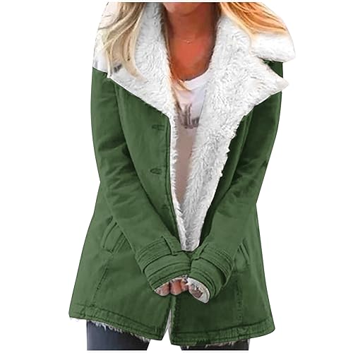 EMATOP Damen Winter Jacke Warm Gefüttert Fleecejacke Lang Fleece Mantel Casual Einfarbig Winterjacke Mode Revers Plüschjacke Flauschig Wintermantel Baumwolle Elegant Softshelljacke Outdoorjacke von EMATOP