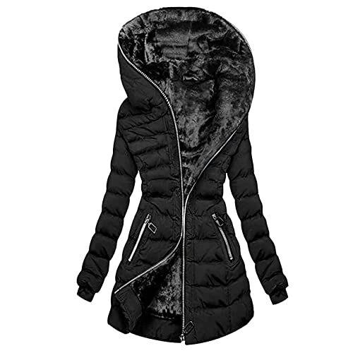 EMATOP Damen Winterjacke Hoodie Winter Warm Jacke Parka Lang Mantel Outdoorjacke mit Kapuze Fleecejacke Einfarbig Lässiges Sweatjacke Elegant Winterparka Steppmantel Bequemes Softshelljacke von EMATOP