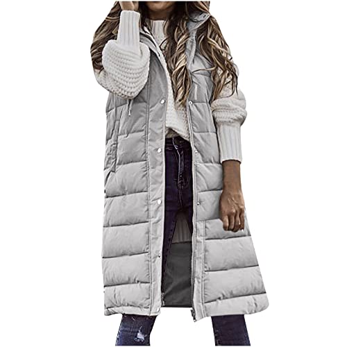 EMATOP Daunenweste Damen Warm Lange Weste Winter Ärmellose Jacke Leichte Einfarbig Steppweste mit Kapuze Winterjacke Herbst Elegant Longweste Weich Bequem Winterweste Outdoor Pufferjacke von EMATOP