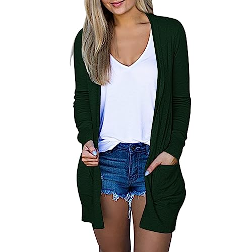 EMATOP Dünne Jacke Damen Elegant Lang Strickjacke Leicht Baumwolle Herbstjacke Casual Vorne Offen Cardigan mit Taschen Shirtjacke Locker Einfarbig Strickmantel Herbst Winter übergangsjacke von EMATOP