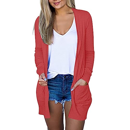 EMATOP Dünne Jacke Damen Elegant Lang Strickjacke Leicht Baumwolle Herbstjacke Casual Vorne Offen Cardigan mit Taschen Shirtjacke Locker Einfarbig Strickmantel Herbst Winter übergangsjacke von EMATOP