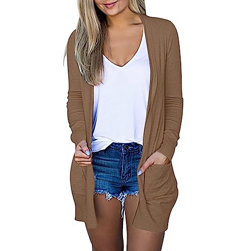 EMATOP Dünne Jacke Damen Elegant Lang Strickjacke Leicht Baumwolle Herbstjacke Casual Vorne Offen Cardigan mit Taschen Shirtjacke Locker Einfarbig Strickmantel Herbst Winter übergangsjacke von EMATOP