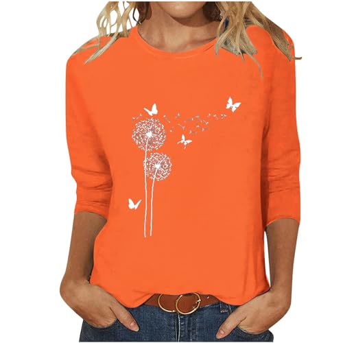 Elegant Bluse Damen Slim Fit T-Shirt 3/4 Ärmel Longshirt Sommer Casual Oberteile Baumwolle Leicht Tunika Tops Mode Rundhals Wickelbluse Löwenzahn Muster Sommershirts Frauen Sportshirt von EMATOP