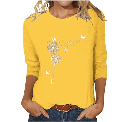 Elegant Bluse Damen Slim Fit T-Shirt 3/4 Ärmel Longshirt Sommer Casual Oberteile Baumwolle Leicht Tunika Tops Mode Rundhals Wickelbluse Löwenzahn Muster Sommershirts Frauen Sportshirt von EMATOP